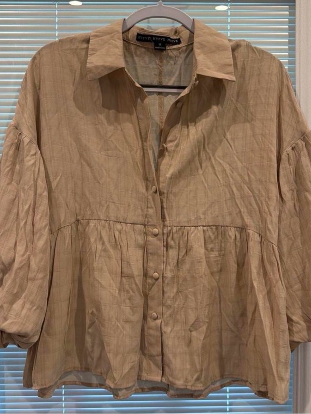 Boutique Relaxed Button-Front Peasant Blouse in Tan